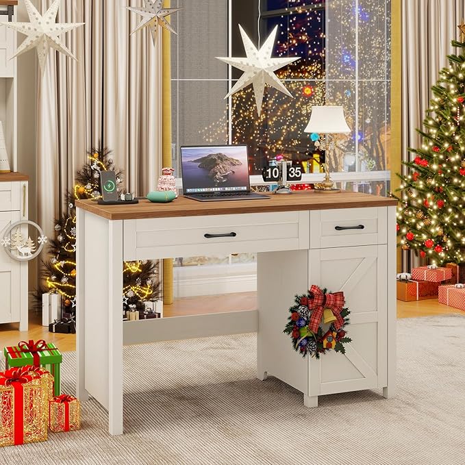 Vabches Farmhouse 47" Executive Desk, Computer Desk with Drawers and Storage Cabinet, Workstation Computer Desk for Home Office and Study.(Unique White)