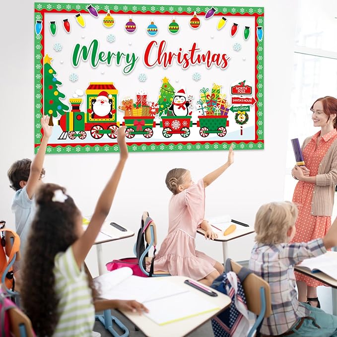Santa Train Bulletin Board Set Christmas Bulletin Board Decorations Set Merry Christmas Decoration Kit Xmas Santa Train Cutouts for Classroom Wall Fireplace Holiday Party Garden Indoor Outdoor Decor