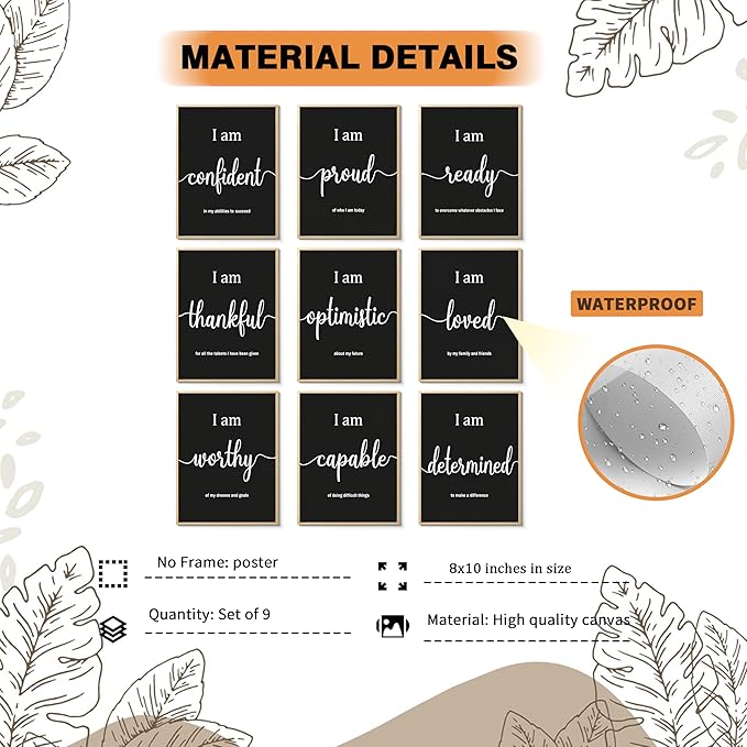 MJONG 9 Piece Inspirational Motivational Wall Art Prints – Unframed Black White Positive Affirmations for Office Classroom Bedroom Dorm or Teen Room Decor, Canvas‑Style Posters 8×10 inch
