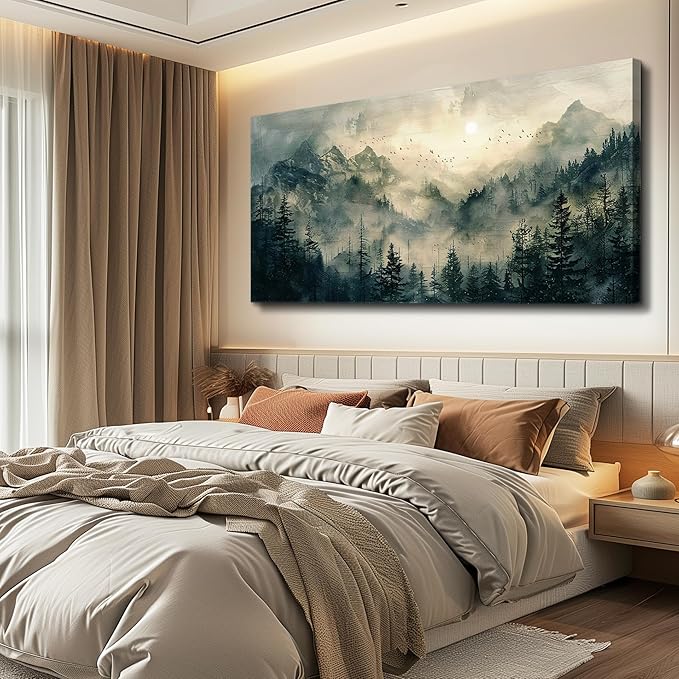 FUHAIHUA Large Framed Wall Decor For Living Room Canvas Wall Art For Office Farmhouse Wall Decorations For Bedroom Forest Fog Landscape Paintings Modern Pictures Artwork Room Home Decor 24x48 In