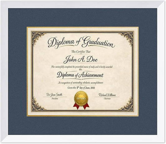 Diploma Frame Bright White with Navy Blue Over Gold Double Mat - Fits 15 x 12 Military/Government Wall Display Made in the USA