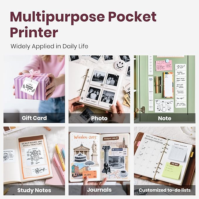 Sticker Printer, PM290C Portable Mini Printer, Inkless Bluetooth Sticker Maker with 3 Rolls Paper, Impresora Portátil for Notes, Journal, DIY, Gift, Print Pod for School/Office/Home, Pink