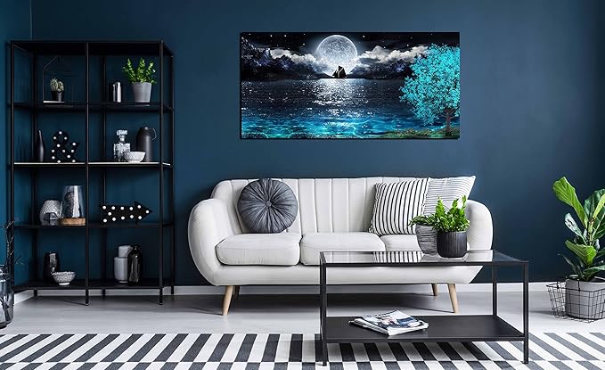 aburaeart Moon Sea Ocean Large Canvas Wall-Art For Living Room - Blue Tree Wall Decor - Large Artwork On Canvas Print Ready To Hang 29" x 59"