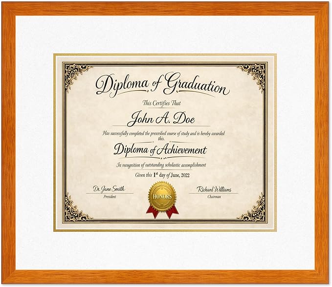 Diploma Frame Honey Oak with Oyster Shell Over Gold Double Mat - Fits 15 x 12 Military/Government Wall Display Made in the USA