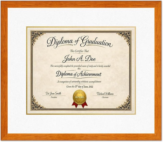 Diploma Frame Honey Oak with Oyster Shell Over Gold Double Mat - Fits 15 x 12 Military/Government Wall Display Made in the USA