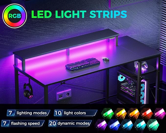 MOTPK 48 Inch Gaming Desk with Storage & Led Lights, Computer Desk with Shelf, Reversible Gamer Desk with Monitor Stand, Carbon Fiber Texture Black