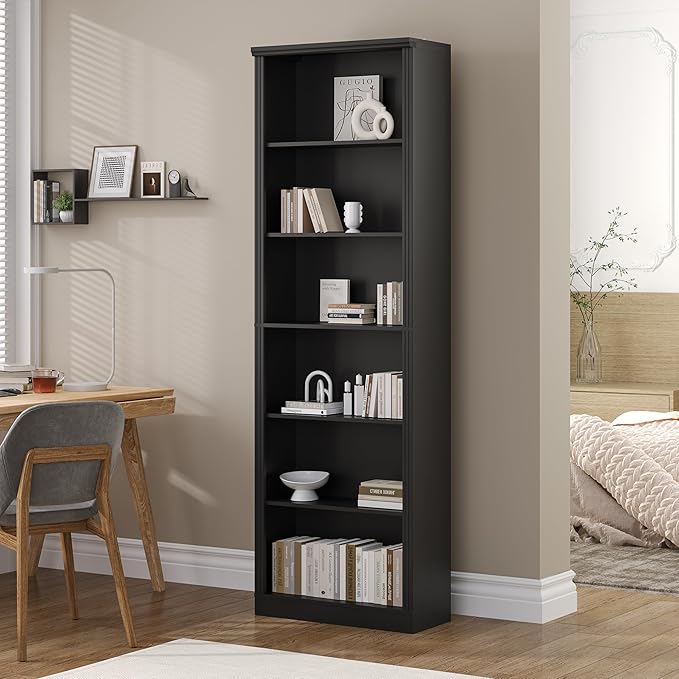 Tall Bookshelf, 6-Tier Bookcase with 2 Adjustable Shelves, Modern Farmhouse Storage for Living Room, Entryway, Office, 23.6" W x 74.8" H x 10.6" D, Black
