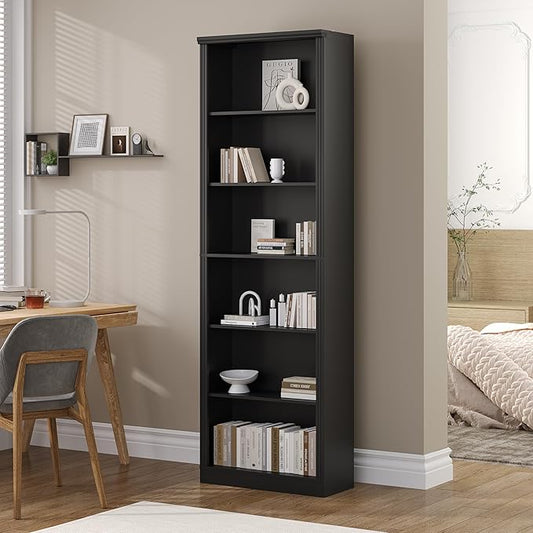 Tall Bookshelf, 6-Tier Bookcase with 2 Adjustable Shelves, Modern Farmhouse Storage for Living Room, Entryway, Office, 23.6" W x 74.8" H x 10.6" D, Black