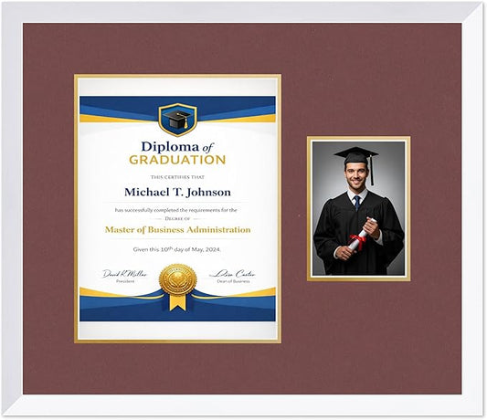 Diploma Frame With Photo Opening Bright White Dark Red Over Gold Mat - Fits 10 x 13 Degree and Picture Made in the USA