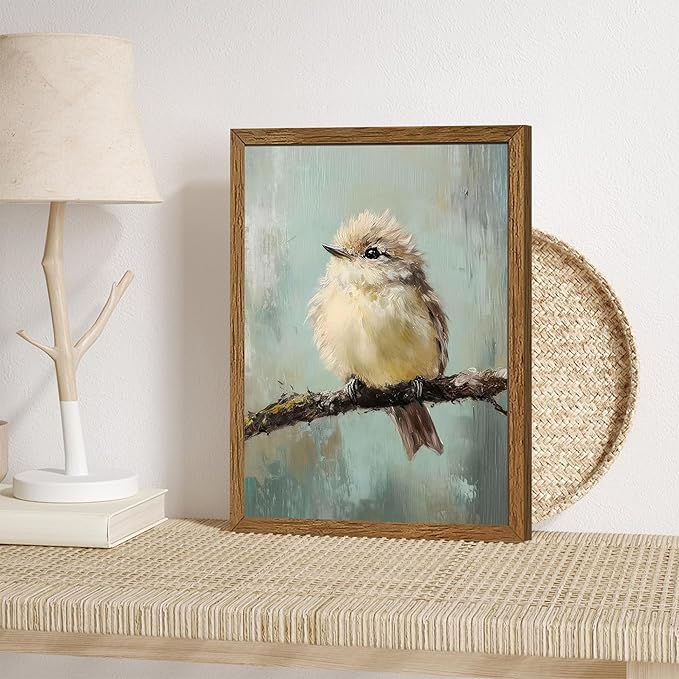 AVECCO Framed Vintage Funny Birds Canvas Wall Art, Bird Rustic Farmhouse Wall Decor, Unique Animal Art Prints for Kid's Room Bathroom Bedroom Living Room Office Home Decoration Ready to Hang 12x16 In