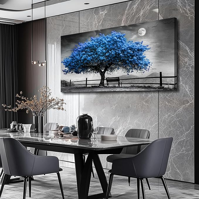 FUHAIHUA Large Wall Decor For Living Room Canvas Wall Art For Office Modern Wall Decorations For Bedroom Black And White Landscape Painting Blue Tree Pictures Artwork Room Home Decor 24x48 In