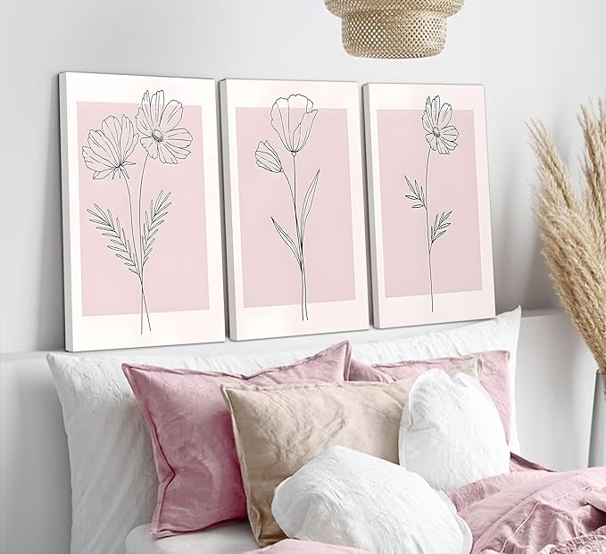 3 Pieces Minimalism Botanical Canvas Wall Art Pink Flowers Line Plants Pictures Wall Decor Posters Print Artwork for Girls' Room Living Room Bedroom Bathroom Office Home Decoration