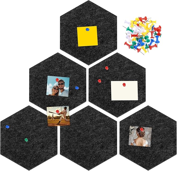 uxcell 6 Pcs Hexagon Felt Pin Board with 40 Pcs Pushpins 8.7" x 7.5" Self Adhesive Felt Bulletin Board Cork Boards for Walls Decorations Paste Notes Photos Schedules, Black