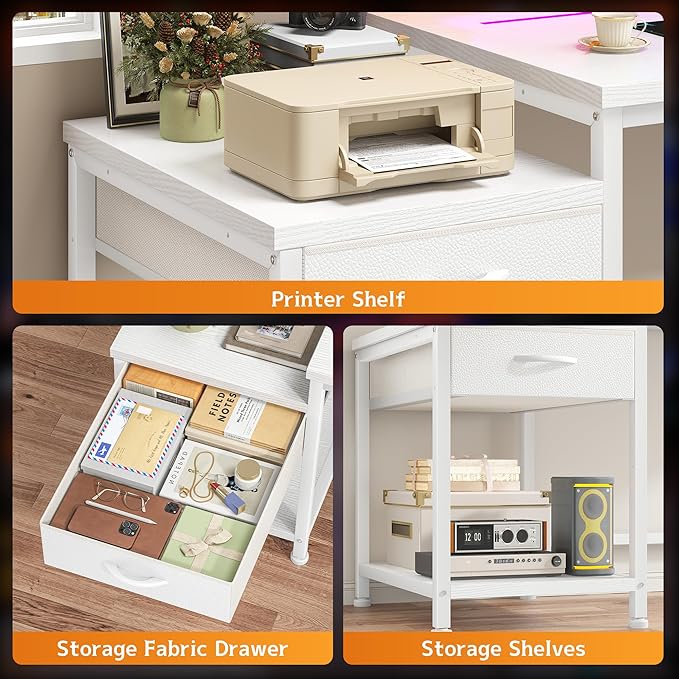 48.1 Inch White Desk with Drawers & Shelf to Storage,Computer Desk with Power Outlet & LED Lights,Reversible Office Desk with Hooks for Headphone,Bags,Small Desk for Bedroom,Dorm,Teens Study Room