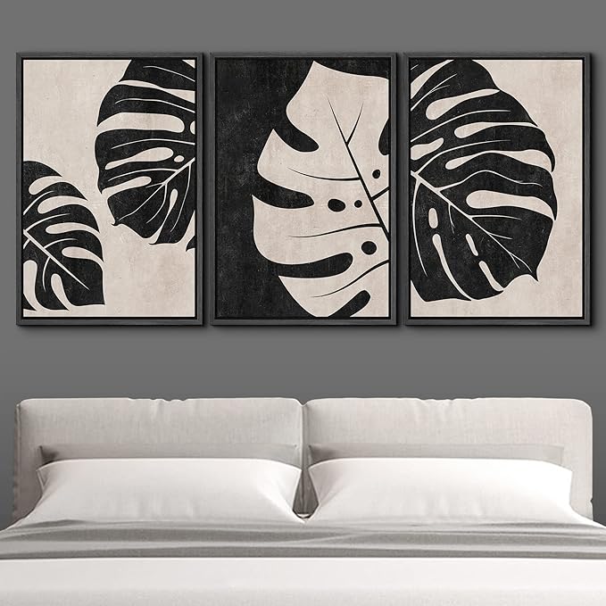 IDEA4WALL Framed Canvas Print Wall Art Set Tan Black Tropical Jungle Safari Monstera Leaves Abstract Shapes Illustrations Modern Art Nordic for Living Room, Bedroom, Office - 24"x36"x3 Black