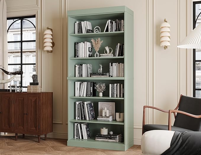 Palace Imports Solid Wood Bookcase - Stackable Modular 6-Tier Bookshelf - 71.5" Tall x 32" Wide - Sage, Open Display Shelf for Living Room, Office, Renewable 100% Eco-Friendly Wood, Made in Brazil