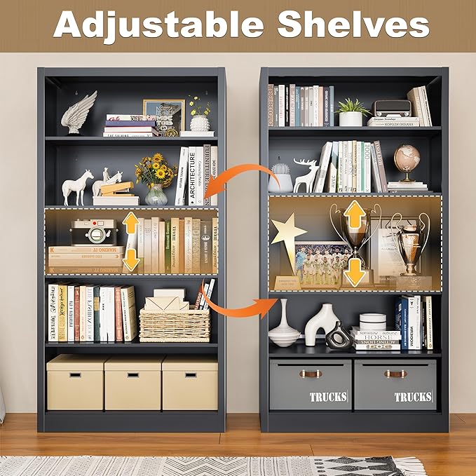 Bookcase, 5 Shelf Bookcases for Books, Garage Kit, CDs, Toys, Bookshelves and Bookcases for Home Office Library Living Room, Metal Book Case with Adjustable Shelves