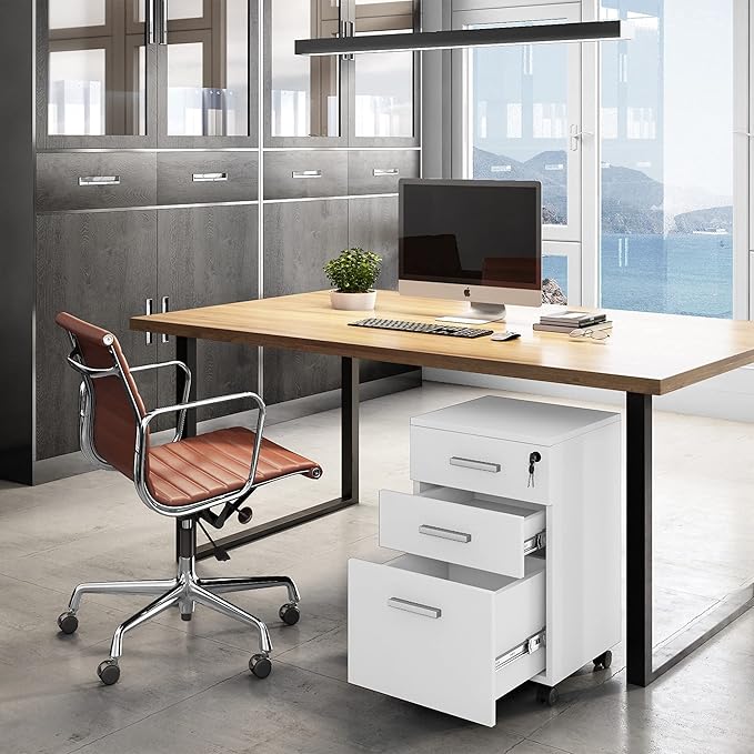 Modern Design Lazio White File Cabinet, Filing Cabinets for Home Office, Drawers for Under Desk, Locking 3 Drawer Rolling Wood File Cabinet with Lock, by Crafts and Comfort