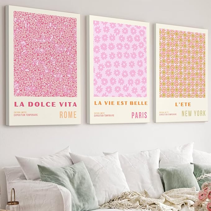 Pink Flower Market Wall Art Decor Aesthetic Abstract Canvas Floral Minimalist Wall Art Pictures Orange Floral Prints Artwork Botanical Flower Poster Colorful Painting 16x24 Inch Framed Set of 3