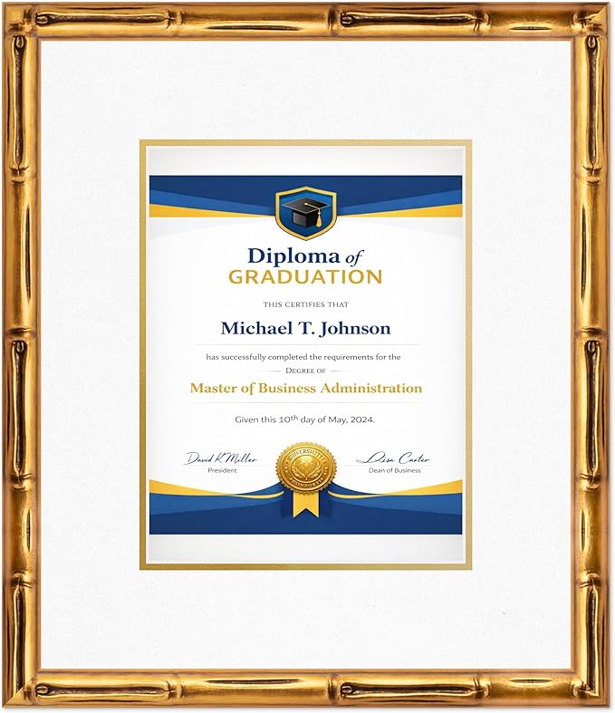 Diploma Frame Gold Bamboo with Oyster Shell Over Gold Double Mat - Fits 8.5 x 11 Certificate (Portrait) Wall Display Made in the USA