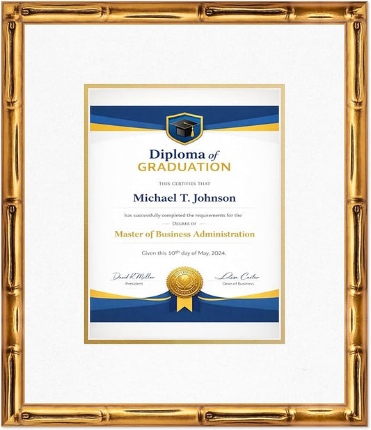 Diploma Frame Gold Bamboo with Oyster Shell Over Gold Double Mat - Fits 8.5 x 11 Certificate (Portrait) Wall Display Made in the USA