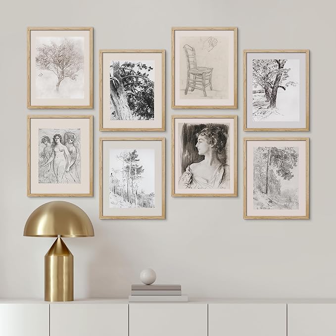 SIGNWIN Framed Poster Bathroom Decor, Wall Art Room Decor Multicolor for Living Room, Bedroom, Office Black White Forest Landscape Female Portrait Vintage Illustrations Bohemian - 8"x10"x 8 Natural