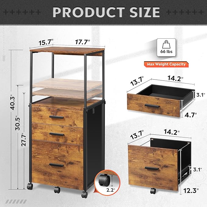 DEVAISE 3 Drawer File Cabinet with Adjustable Shelves, Rolling Wooden Filing Cabinet Mobile Printer Stand for Home Office, Rustic Brown, 15.7" D x 17.7" W x 40.3" H