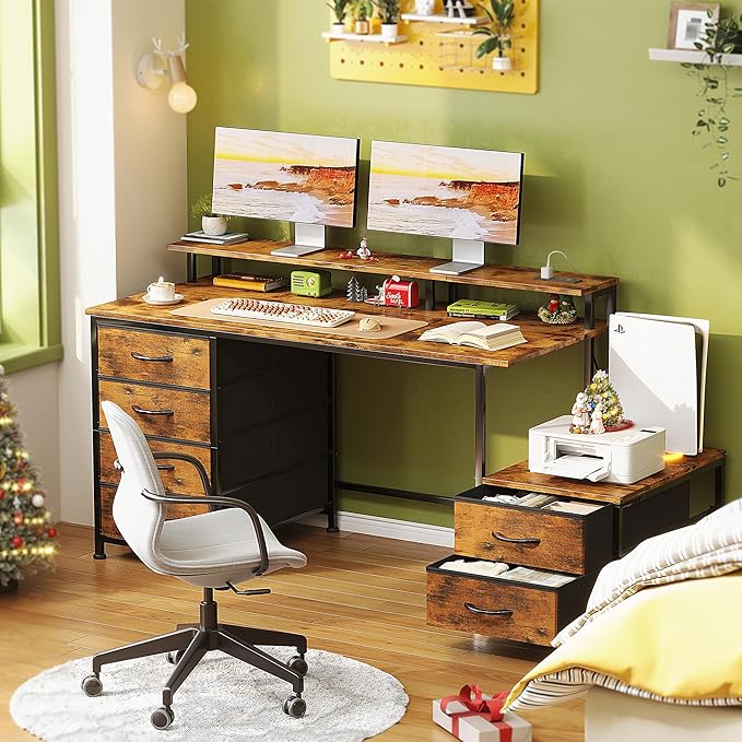 Flrrtenv 52 Inch Office Desk with 6 Drawers and Printer Space for Storage, Reversible Computer Desk with Monitor Stand & Power Outlets, Home Office Desks, Vintage