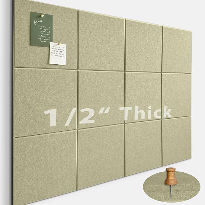 Large Cork Board for Office Wall Decor,48"x36"-12 Pack Felt Wall Tiles with Safe Removable Adhesive Tabs, 1/2" Thick, Felt Bulletin Board Pin Board Cork Boards for Walls - Sage Green