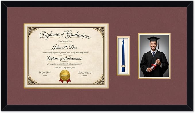 Diploma Tassel and Photo Frame Matte Black Shadowbox Dark Red Over Gold Mat - Fits 13 x 10 Degree Picture Made in the USA