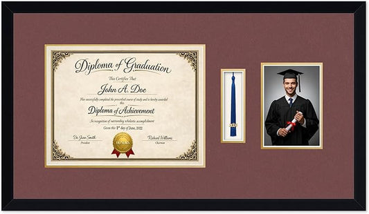 Diploma Tassel and Photo Frame Matte Black Shadowbox Dark Red Over Gold Mat - Fits 13 x 10 Degree Picture Made in the USA