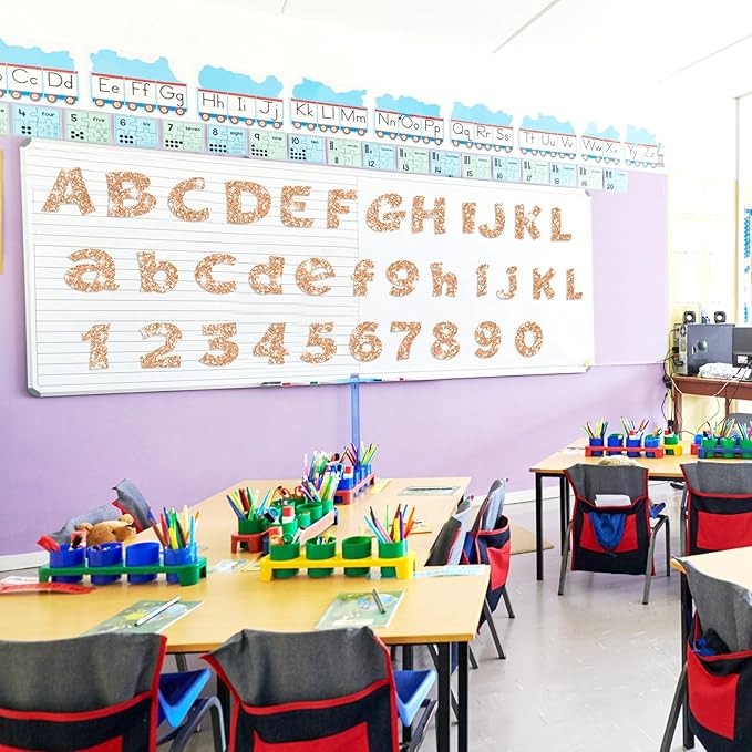 Colarr 216 Pcs Glitter Bulletin Board Letters for Classroom Number Alphabet Punctuation Symbol Cutout 4'' Die-Cut Poster Letter with Adhesive Dot School Party Holiday Decor Display(Champagne)