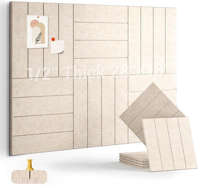 1/2" Thick Cork Board for Office, 6 Pack Felt Wall Tiles -28"x18" with Safe Adhesive Tabs, Large Bulletin Board, Push Pin Board Organizer Wall - Beige