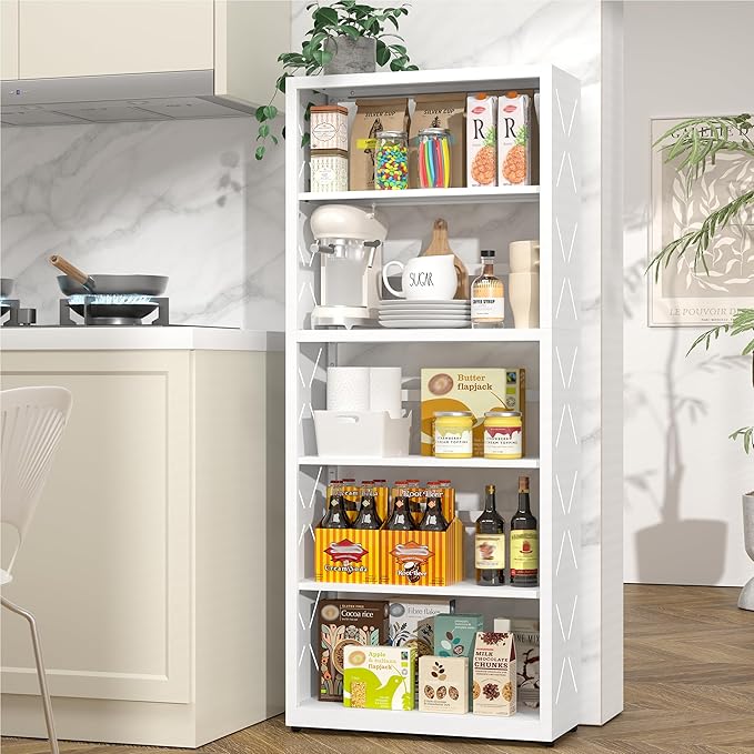 5 Tier Bookshelf, 55"Tall Metal Bookcase with Adjustable Shelves, Modern Display Book Shelf, White Bookcase Shelf, Utility Shelf, Storage Shelves for Office, Living Room, Kitchen, Study-23"W