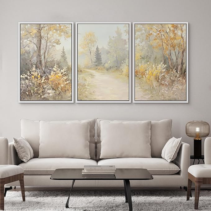 SIGNWIN Framed Canvas Print Wall Art Set Golden Woodland Path Impressionist Nature Scene Illustrations Modern Art Decorative for Living Room, Bedroom, Office - 16"x24"x3 White