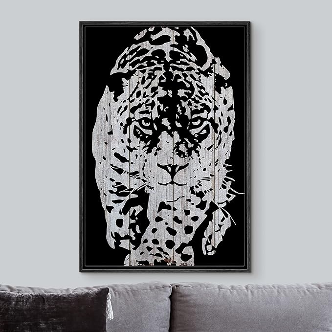 IDEA4WALL Framed Canvas Print Wall Art Grayscale Spotted Leopard Stalking on Wood Panels Animals WildLife Illustrations Modern Art Tropical Portrait for Living Room, Bedroom, Office - 16"x24" BLACK