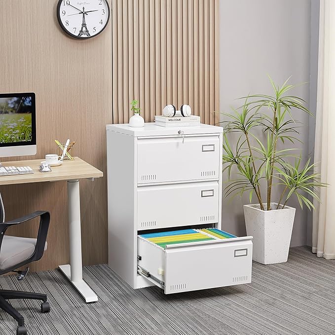 GREATMEET 3 Drawer Lateral File Cabinet,Storage Large File Cabinets,White File Cabinet 3 Drawer for Home Office,Metal Lateral Filing Cabinet for Letter/Legal/F4/A4 Size,Easy Assemble