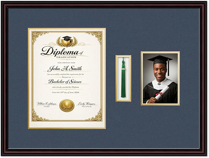 Diploma Tassel and Photo Shadowbox Fits 10 x 13 College Diploma (Portrait Tradition Executive Brown Genuine Hardwood with Navy Blue Over Metallic Gold Double mat