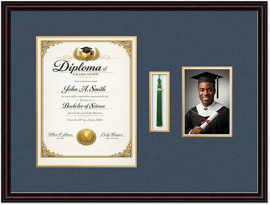 Diploma Tassel and Photo Shadowbox Fits 10 x 13 College Diploma (Portrait Tradition Executive Brown Genuine Hardwood with Navy Blue Over Metallic Gold Double mat