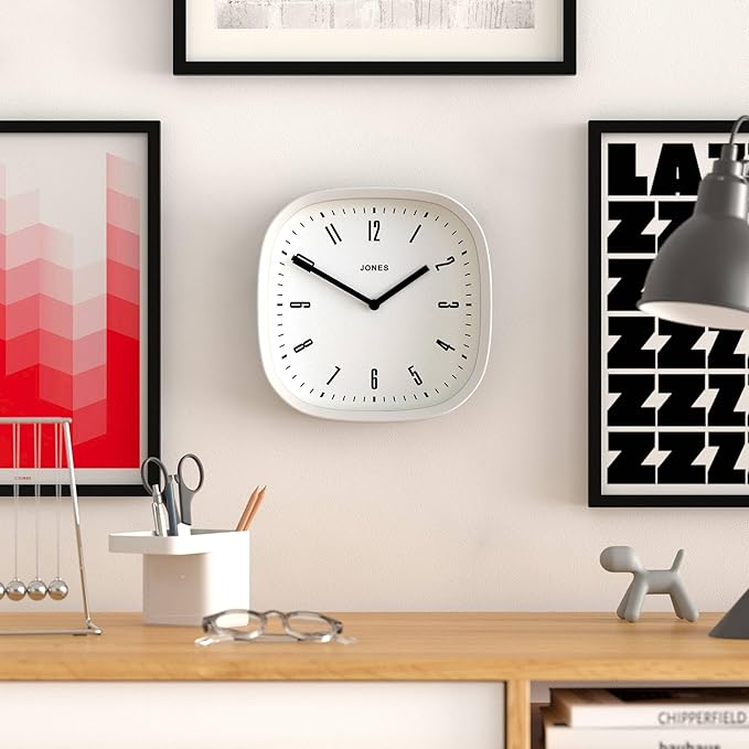 JONES CLOCKS® Marvel Wall Clock | Modern Retro Rounded Square Clock | 10 inch | White | Cool Designer Look for Kitchen, Living Room or Office