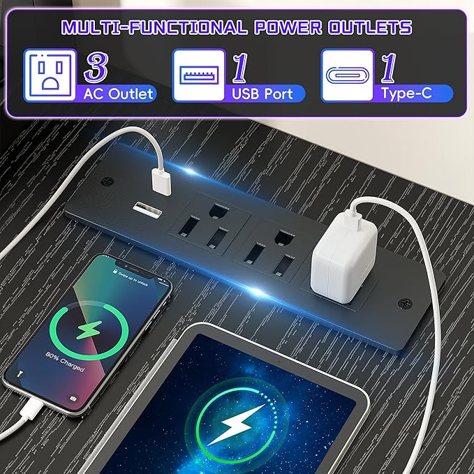 48" Gaming Desk with Power Outlet, Computer Desk with LED Lights & Drawer, L Shaped Desk with Monitor Stand for Gaming, Home Office Desk for Study Room, Bedroom, Living Room, Bedroom, Black