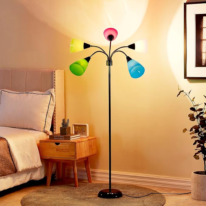 Medusa Modern Decor Floor Lamp, 5 Head Adjustable Gooseneck Lamps for Reading, Colorful Multiple Tall Standing Lamps for Living Room Bedroom Office Kids Classroom, Black, Bulbs Included
