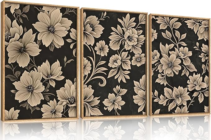 Large Vintage Floral Framed Canvas Wall Art Set,Mid Century Modern Flower Wall Decor,Neutral Wildflower Art Prints,Retro Botanical Plant Artwork for Living Room,Dining Room,Office-24 x36 x3