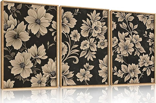 BICERE Large Vintage Floral Framed Canvas Wall Art Set,Mid Century Modern Flower Wall Decor,Neutral Wildflower Art Prints,Retro Botanical Plant Artwork for Living Room,Dining Room,Office-16"x24"x3