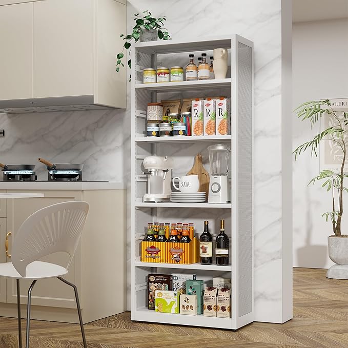 5 Tiers Bookshelf, Metal Storage Organizer Book Rack, Modern White Bookcase Shelf, Utility Shelf, Adjustable Garage Shelving, Organizer Rack for Kitchen, Laundry, Garage, Bathroom, Pantry, Office