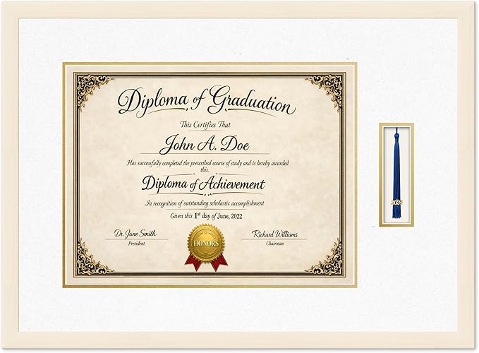 Diploma Frame with Tassel Holder Coastal Whitewash Shadowbox Oyster Shell Over Gold Mat - Fits 17 x 13 Degree Made in the USA