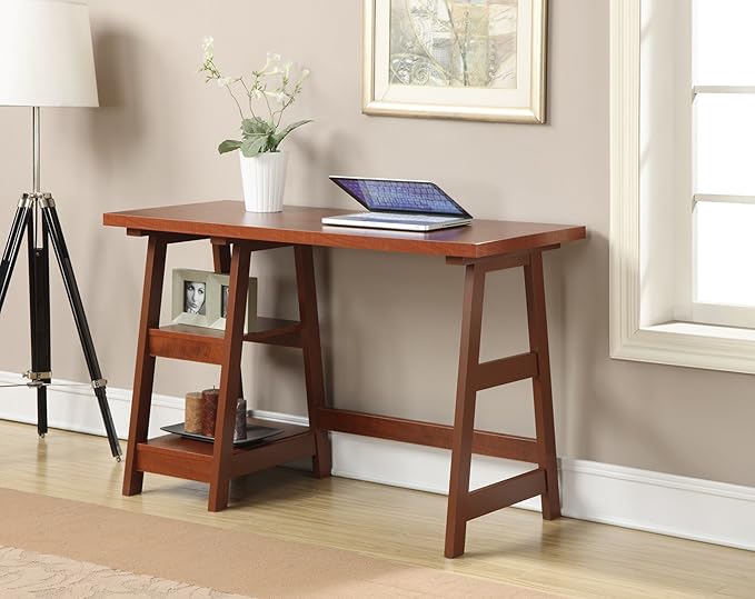 Convenience Concepts Designs2Go Trestle Desk 47" - Modern Desk or Vanity with Shelves, for Office, Dorm, Living Room, Cherry