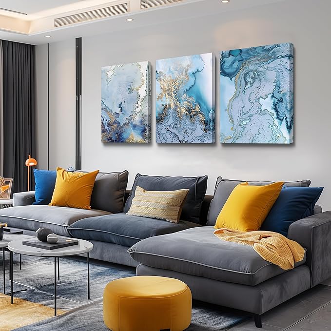 Abstract Canvas Wall Art For Living Room Bedroom Decoration Bathroom Wall Decor Blue Abstract Watercolor Painting Home Decoration Kitchen Posters Pictures Artwork,Inspirational Wall Art 3 Piece Set
