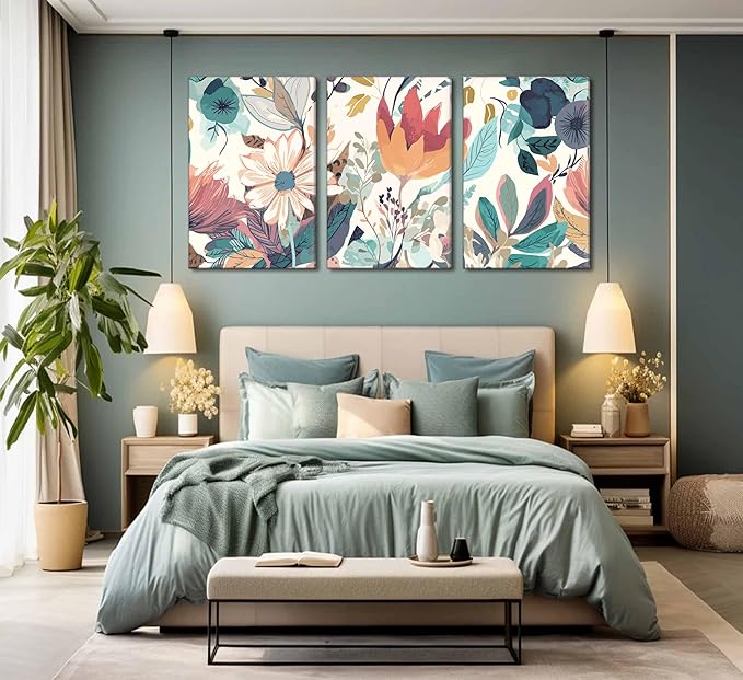 3 Pcs Boho Wild Flowers Canvas Wall Art Neutral Watercolor Boho Abstract Floral Botanical Painting Picture Wall Decor Poster Print Artwork for Living Room Bedroom Home Decoration
