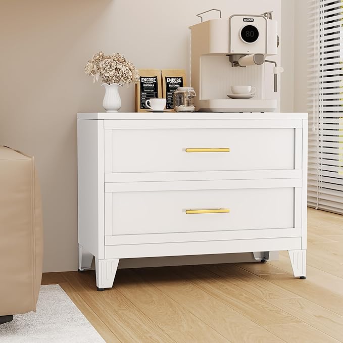 Dresser for Bedroom 2 Drawers, Metal Dresser Chest of Drawers, can be Used as Nightstand, Side Table, Under Desk Steel File Cabinet for Home Office Storage Small Size Files (White)